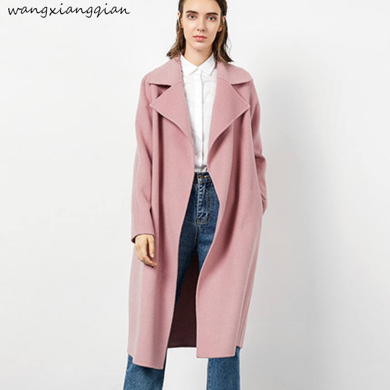 

Double-faced woolen coat women long solid color pink woolen coat winter women's long-sleeved suit collar female B188