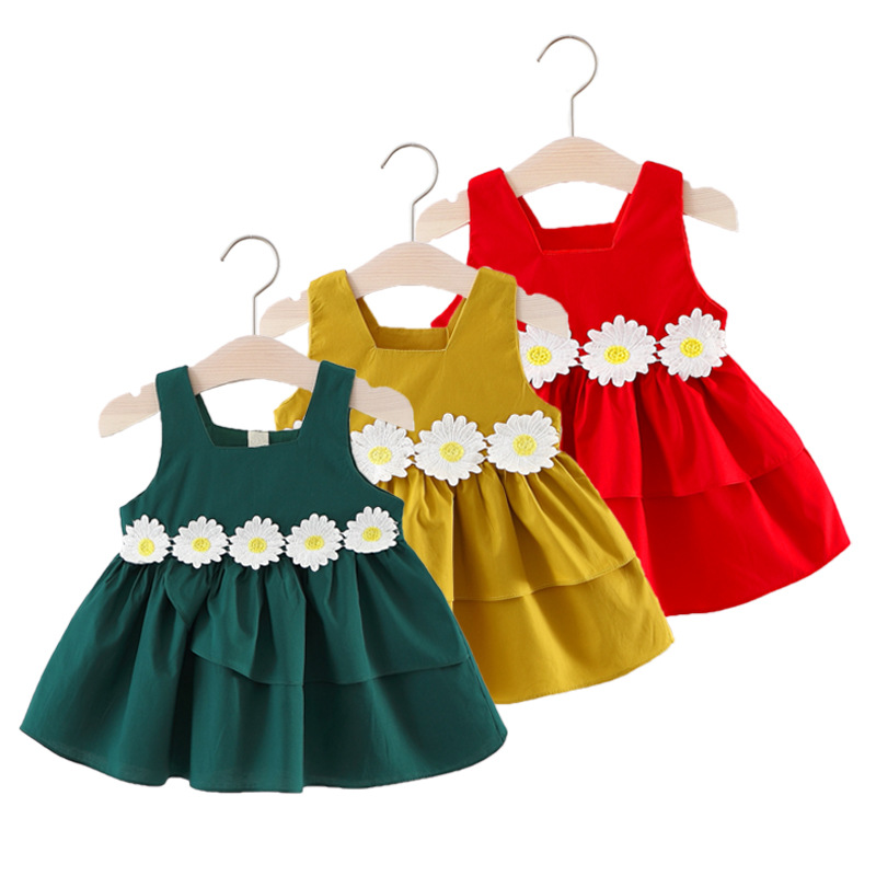 

Baby Girl Dress Clothes New Summer Girls Sleeveless Solid Color Tank Waist Applique Princess Dress For 0-3 Years, Green