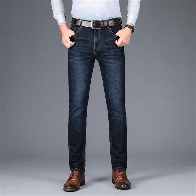

Free Shipping 2020 Spring and Autumn New Men's High Waist Straight Mid-Tens Jeans Stretch Casual Loose Jeans, Dark blue