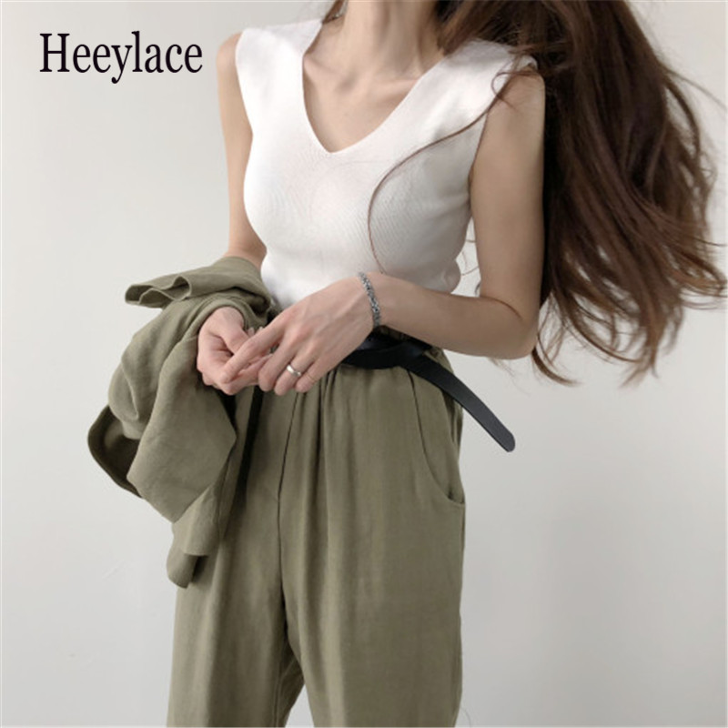 

Sexy Knitted Top Summer Tank Top Women Big Size Camisole Sleeveless V Neck Slim Female T-shirt Vest Casual, White