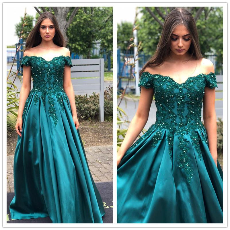 

Off Shoulder Satin Prom Dresses Elegant A-line Special Occasion Party Dress with Appliques Crystal Formal Evening Gowns, White