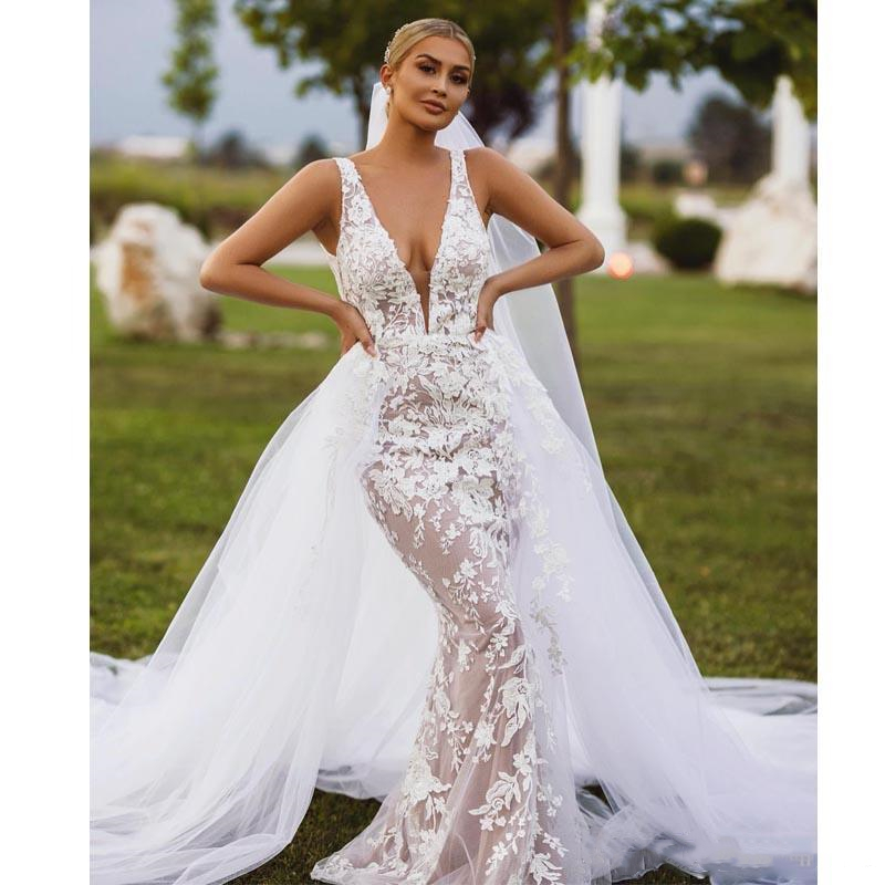 

Detachable Overskirt Wedding Dresses 2 Pieces Removable Train Champagne Lining White Lace Tulle Mermaid Bridal Gowns 2020 New Modern, Ivory
