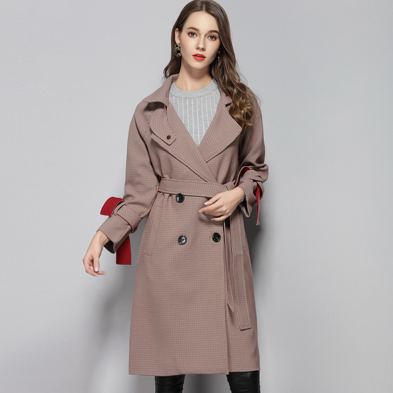 

Autumn 2020 Korean New Windbreaker Women European Lapel Plaid Printed Double Breasted Thousand Bird Grid Belt Long Trench Coat, Gray