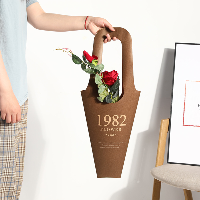 

5PCS Portable Flower Tote Bag Vintage Kraft Paper Packaging Gift Wrap Waterproof Sack