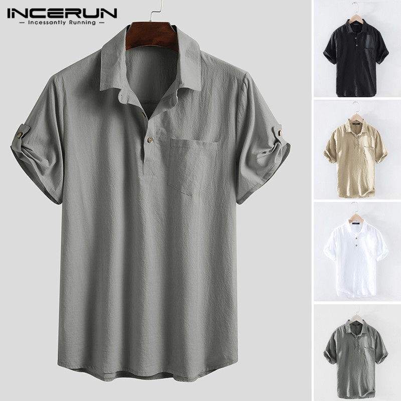 

2020 Summer Men Short Sleeve Solid Cotton Shirts Man Casual Brand Breathable Blouse Lapel Tops Streetwear Camisa -3XL INCERUN, Black
