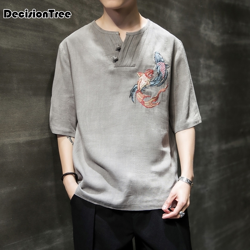 

2020 chinese style men shirt half sleeve solid casual cotton streetwear men shirt man kimono clothes