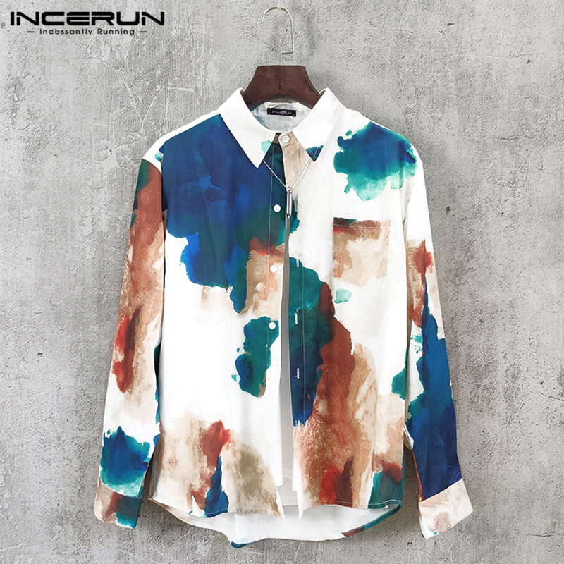 

INCERUN Fashion Long Sleeve Men Shirt Printing Lapel 2019 Loose Button Hawaiian Vacation Casual Shirt Streetwear Camisas Hombre, As picture