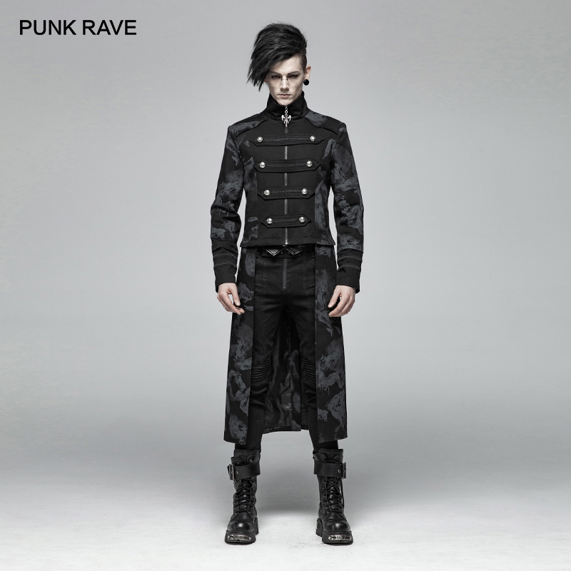 

PUNK RAVE Men' Gothic Punk Dragon Totem Detachable Coat Handsome Stage Performancemen Micro-elastic Twill Long Jacket Tops, Black y-1004
