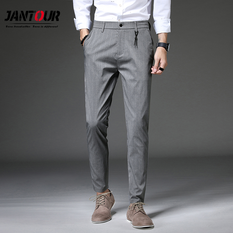 

2020 New Mens Spring Summer Casual Pants Men Striped Elastic Straight Gray Trousers Plus Size 33 34  38, Black