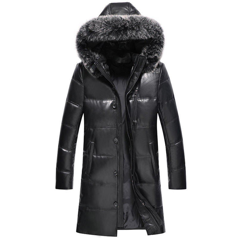 

Genuine Leather Jackets Mens Fox Fur Hooded Sheepskin Coats Duck Down Parka Winter Long Down Jacket Windproof Waterproof Overcoat Snow Wear, Black