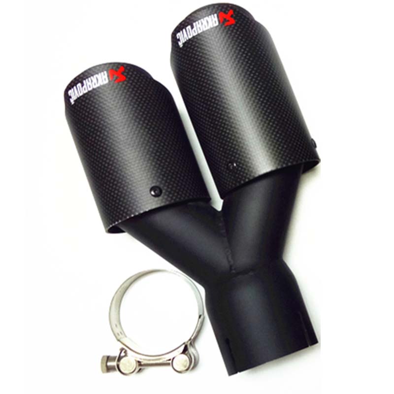 

two pcs: Universal Akrapovic Dual Exhaust Muffler Tips Carbon Fiber + Black Stainless Steel Auto Exhausts End Pipes