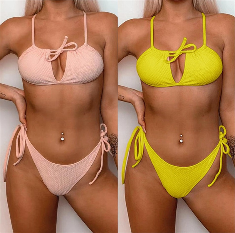 

2020 Europe and the United States sexy bikini -up pit strip drawstring solid color swimsuit fast selling split swimsuit woman