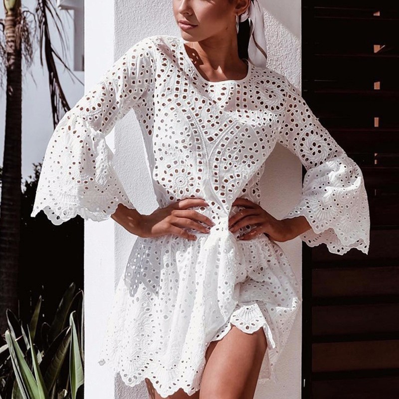 

A Line White Blue Pink Sexy Mini Lace Dresses Women Flare Sleeve Hollow out Beach Summer Dress Female Casual Clothes 2019 New Plus Sizes