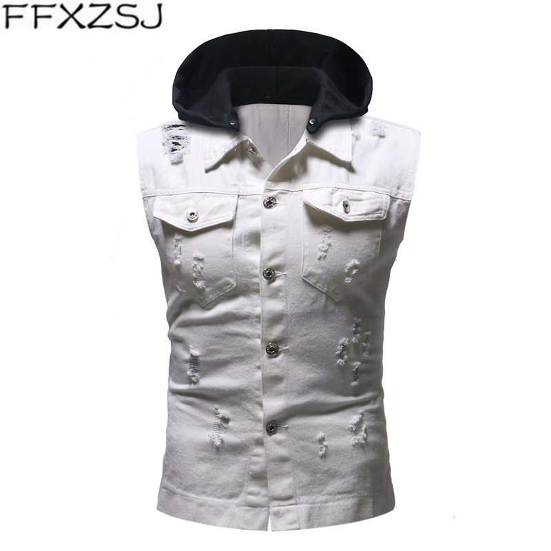 

FFXZSJ Brand 2020 Men's clothes jaqueta masculina Autumn Winter Destroyed Vintage Denim Hoodie Jacket Waistcoat Blouse Vest, Black
