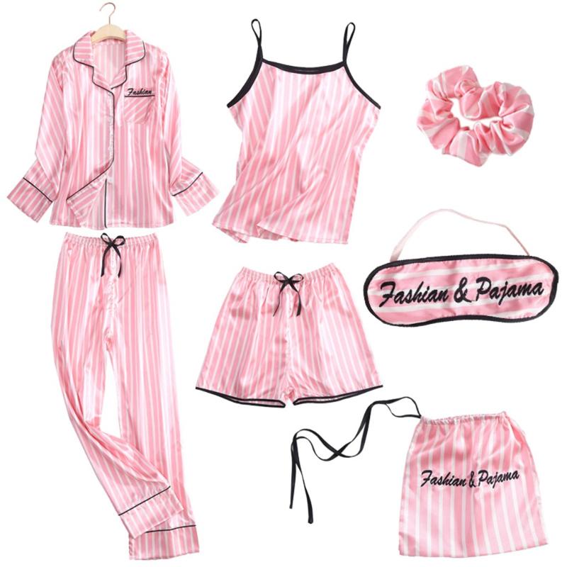 

7PC Pajamas Set Sexy Lingerie Women Silk Satin Camisole Stripe Shorts Pant Pajama Blindfold Pijama Mujer Sleepwear Summer Casual, Pink