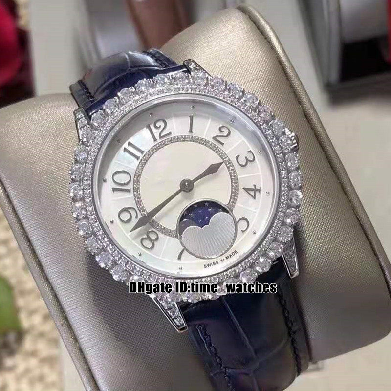 

V18 New Diamond case Rendez-Vous Q3523570 Moon phase jewelry wristwatch Quartz Womens watch Sapphire Ladies Watches Blue Leather Strap