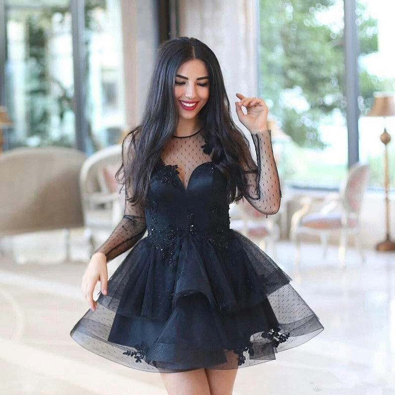 

Sexy Black Cocktail Dresses 2019 with Illusion Long Sleeve Sheer Neck Puffy Tulle Lace Mini Short Prom Party Homecoming Arabic Dresses 26, Hunter