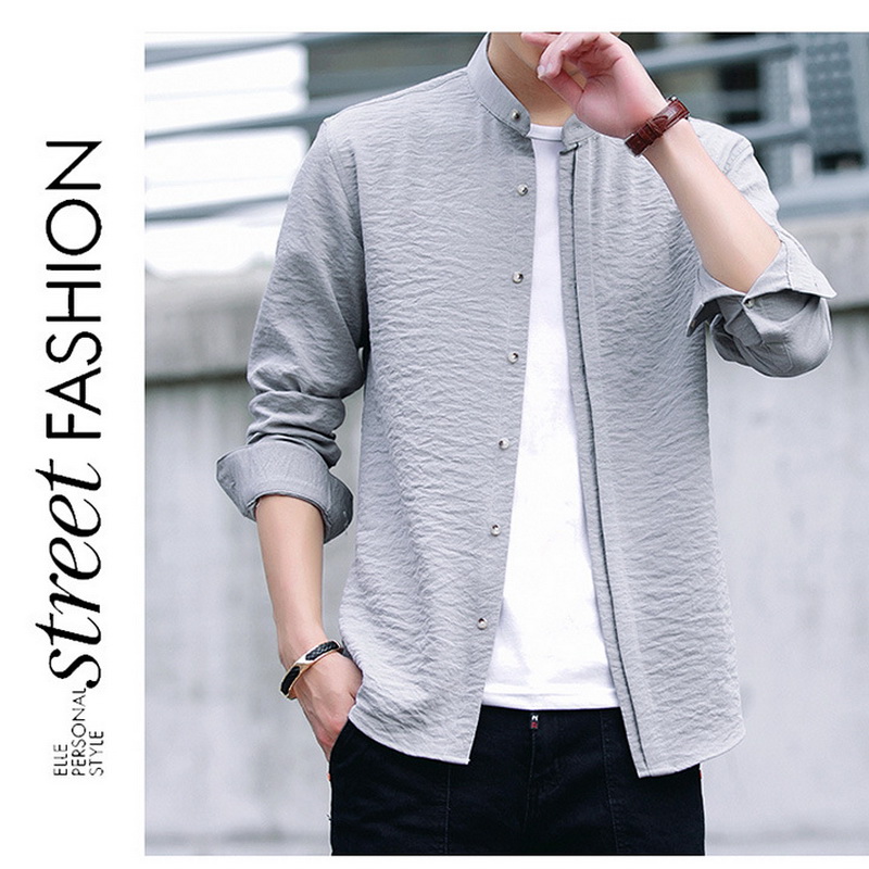 

New men's casual casual stand collar four seasons wrinkly color charm long sleeve shirt, Black