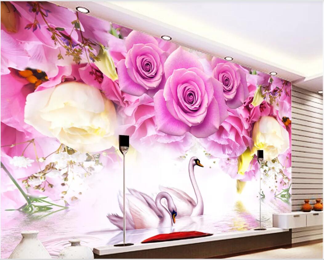 

3d room wallpaper custom photo mural Purple Rose Swan Fashion TV Background Wall home decor wall art pictures wallpaper for walls 3 d, Non-woven fabric