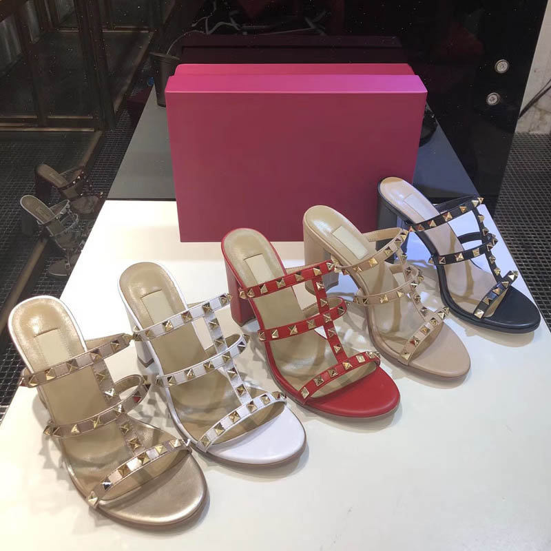 

European Classic Luxury Style Women's shoes Sandals Fashion Slippers Sexy sandal letter model heel Leather Stitching and Making Belt Buckles, Black