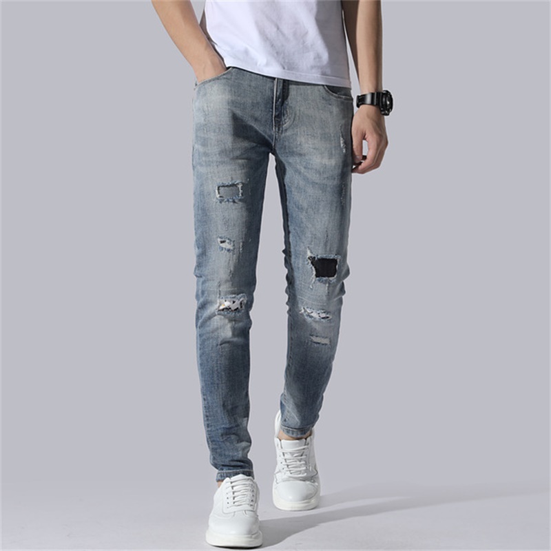 

Free Shipping Spring / Summer 2020 Men's Mid-Rise Ankle-Length Jeans Elastic Slim Hole Patch Patches Jeans, Light blue