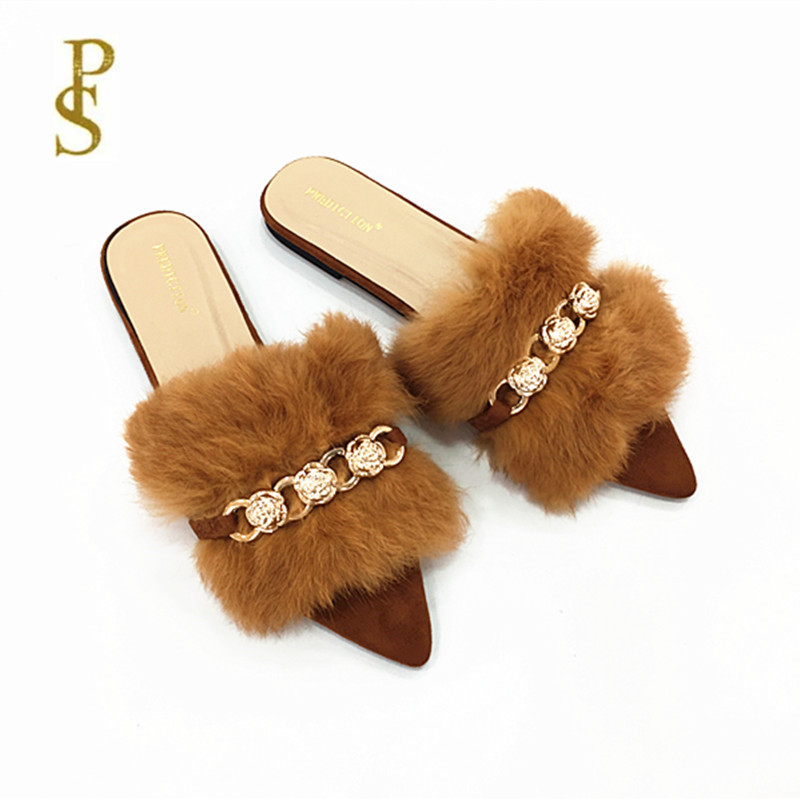 

Lady's pointed slippers Flat comfortable shoes with chains, Black