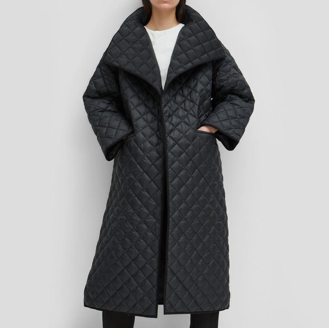 

Nordic Style Argyle Long Parkas Jacket Pocket Bag Quilted Bread Female Clothing, Black