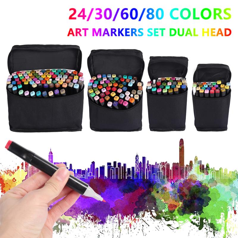 

24/30/60/80 Colors Double Head Sketch Oily Art Marker Pen Set Students Artist Art Supplies Manga Dual Tip Brush Pen Markers Kit