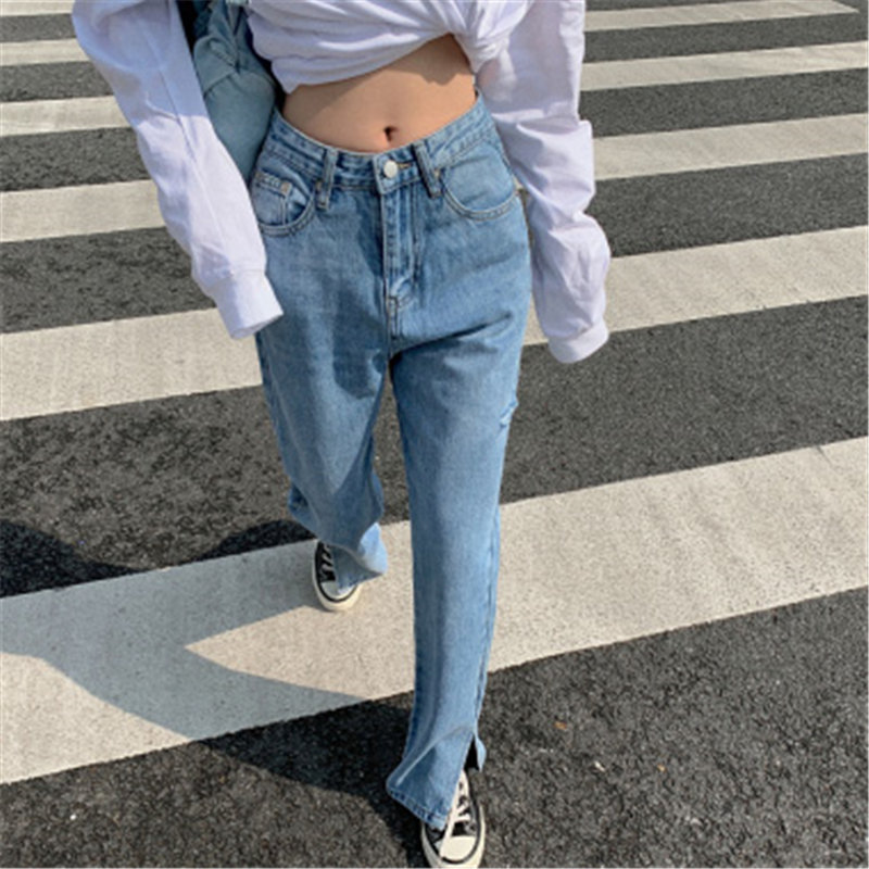 

Fashion Spring Thin Korean Floor Pants Cowboy 2020 Split High Waist Women Large Size Loose Straight Wide Leg Jeans Pants, Photo color