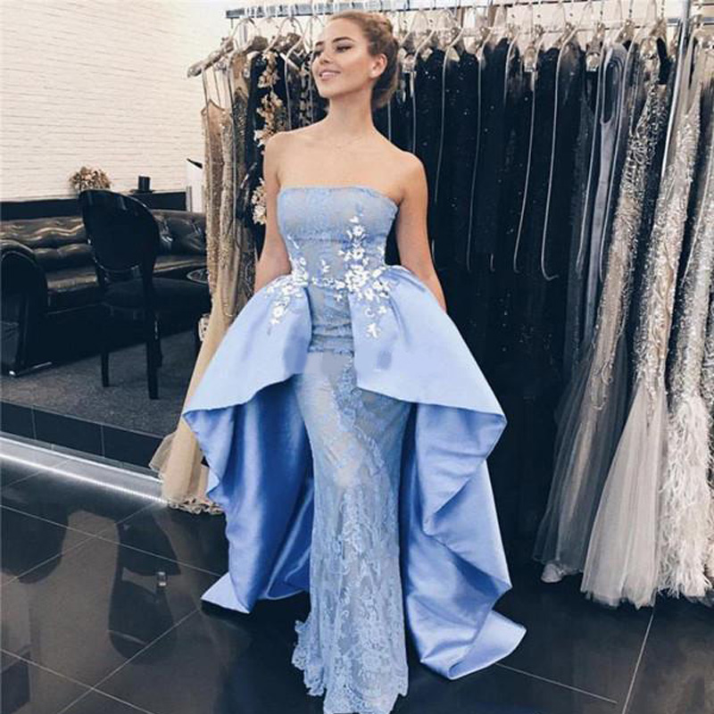 

2020 Evening Dresses Mermaid Strapless Lace Applique Satin Prom Dresses With Overskirts Sweep Train Red Carpet Dress, Green
