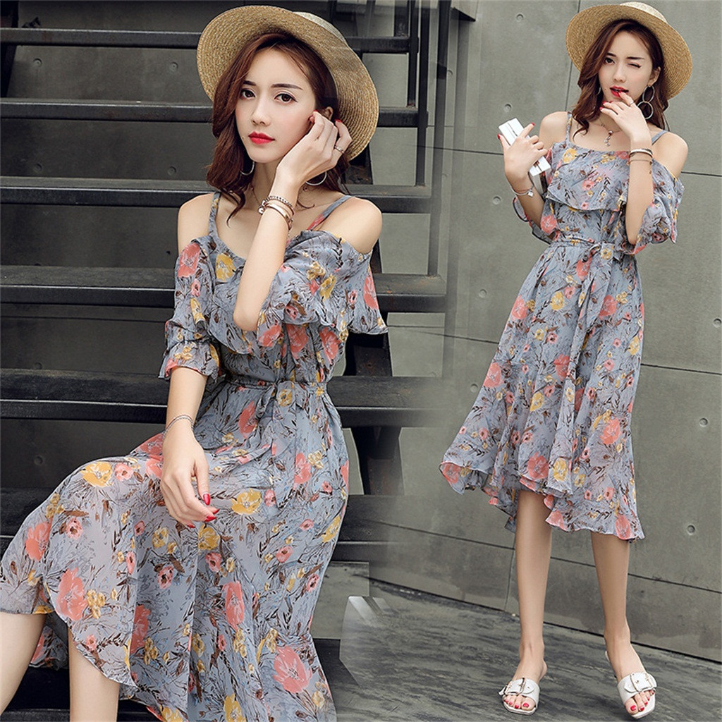 

Dress 2019 Woman New Fashion Spring And Summer Short Sleeve Long Slim Strap Floral Dress, Pink
