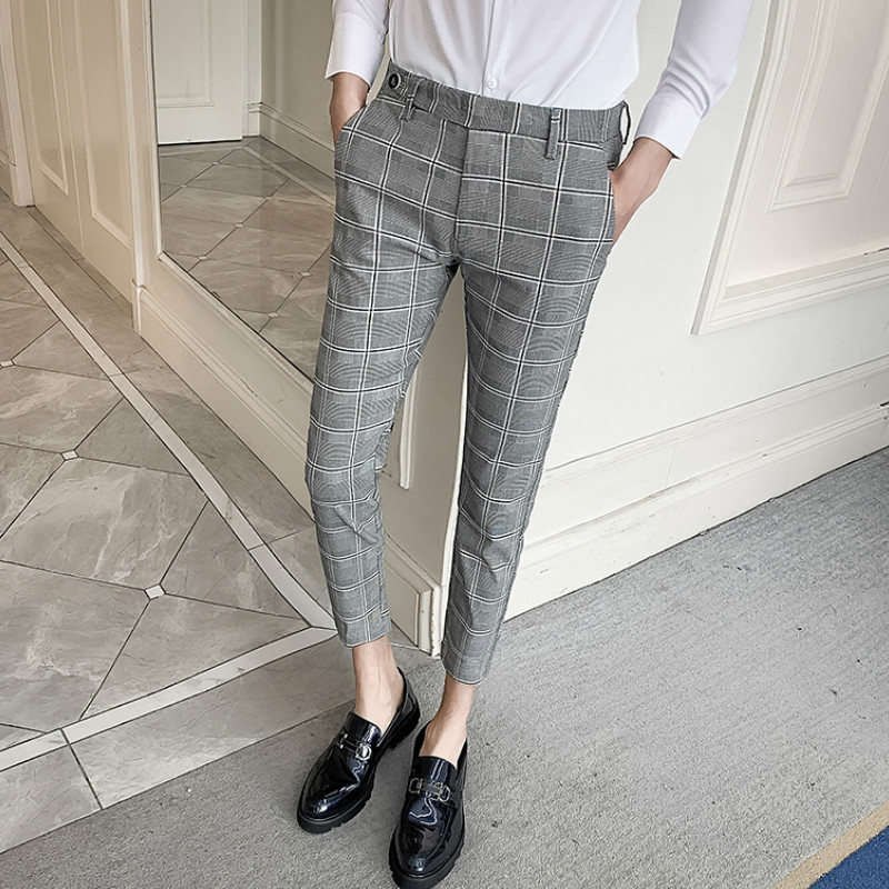 

2020 Men's Plaid Dress Pants Ankle Length Pantalon Homme Casual Slim Men Suit Pant Formal Business Trousers Streetwear Clothing, Gray