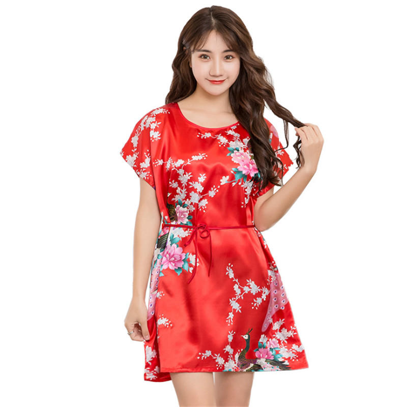 

2020 Popular summer women's silk like nightdress peacock print Robe, As shown
