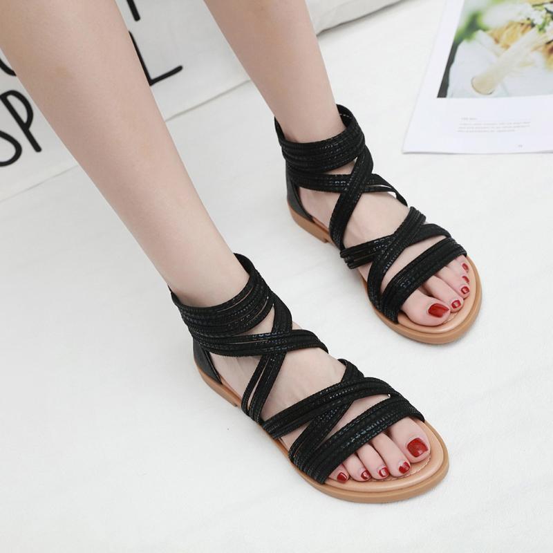 

Eillysevens Summer Women's Ladies Retro Roma Flat Cross Tie Zipper Sandals Casual Shoes zapatos de plataforma mujer moda#3, Black