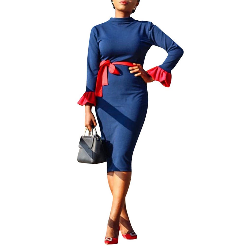 

Elegant Long Sleeve Midi Dress Women Sale Spring Summer Ladies Dress F0580 Flare Sleeve Waist Belt, Blue