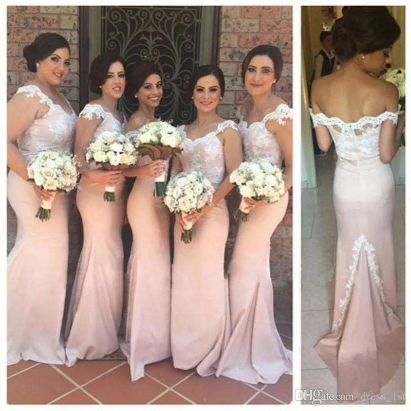 

Vintage Pink Bridesmaid Dresses 2019 Off The Shoulder Straps Mermaid Sweep Train Lace and Satin Wedding Guest Elegant Evening Formal 31