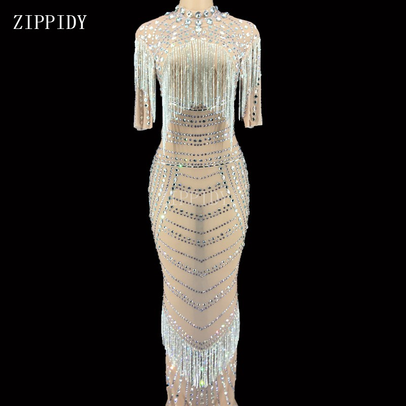 

Stage Wear See Through Silver Rhinestones Chains Long Dress Women's Wedding Birthday Celebrate Prom Singer Mesh YOUDU