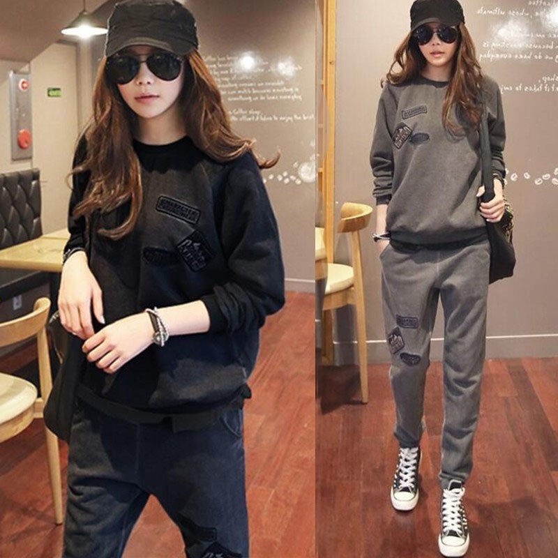 

2020 Spring Winter Sport Suit Women Warm Sweater Set O-Neck Pullover Female, Black