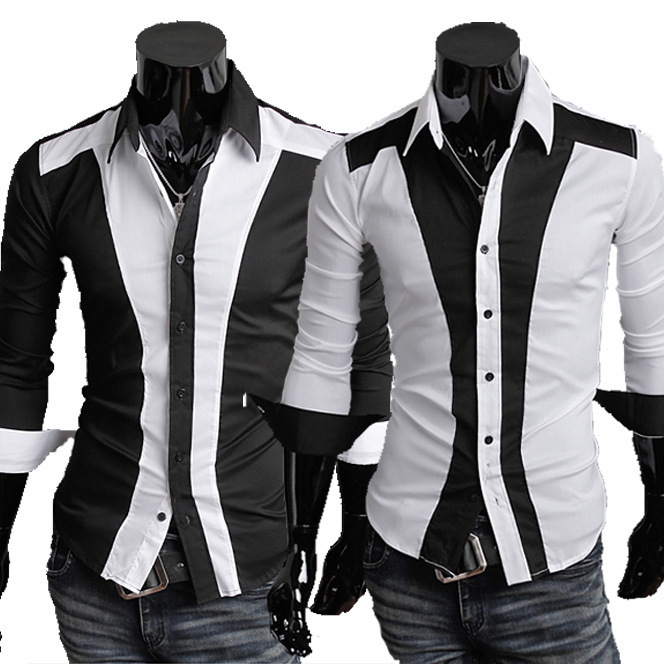 

Perfect new spring stitching men cultivating long-sleeved shirt spell color shirt 5906, Black