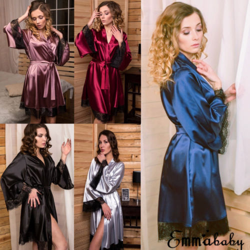

Women' Sleepwear Womens Sexy Lingerie Robes Silk Satin Robe Bride Dress Wedding Kimono Bathrobe Nightwear, Black