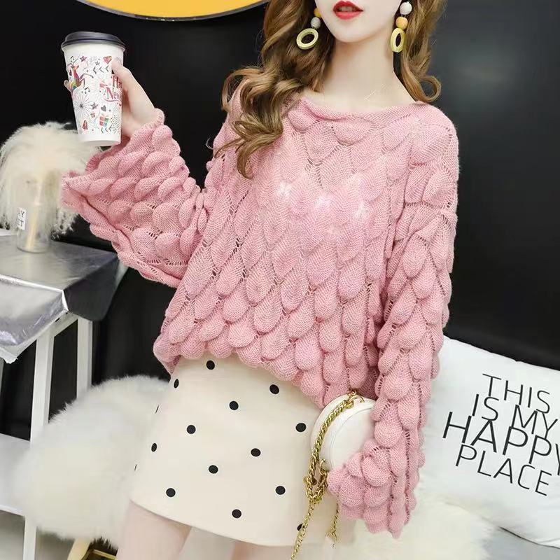 

Bat Sleeve Large Size Sweater Pullover Hollow Sweater Women's Thin Fashion Spring and Autumn Loose, Pink
