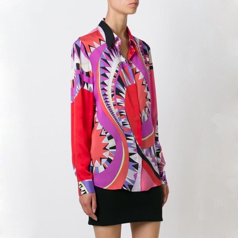 

New 2019 epucci spring High Quality Luxury Brands Designer Blouses Women' Long Sleeve Red Geometry Printed XXL Casual Shirts, As pic