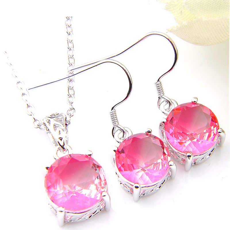 Luckyshine Women Gift Round Pink Bi Colored Tourmaline Gems 925 Sterling Silver Plated Pendants Drop Earrings Engagement Jewelry Set-image-409167098