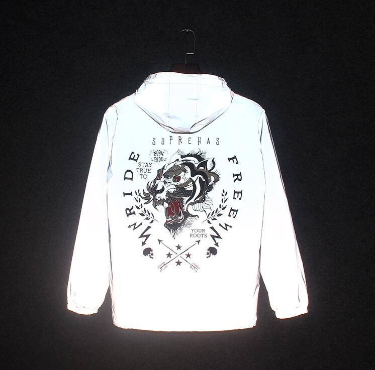 

Autumn Spring Windbreaker 3M Reflective Jacket Men Hip Hop Clothes Hooded Coat Waterproof Zipper Men tiger Coats Outwear, Silver