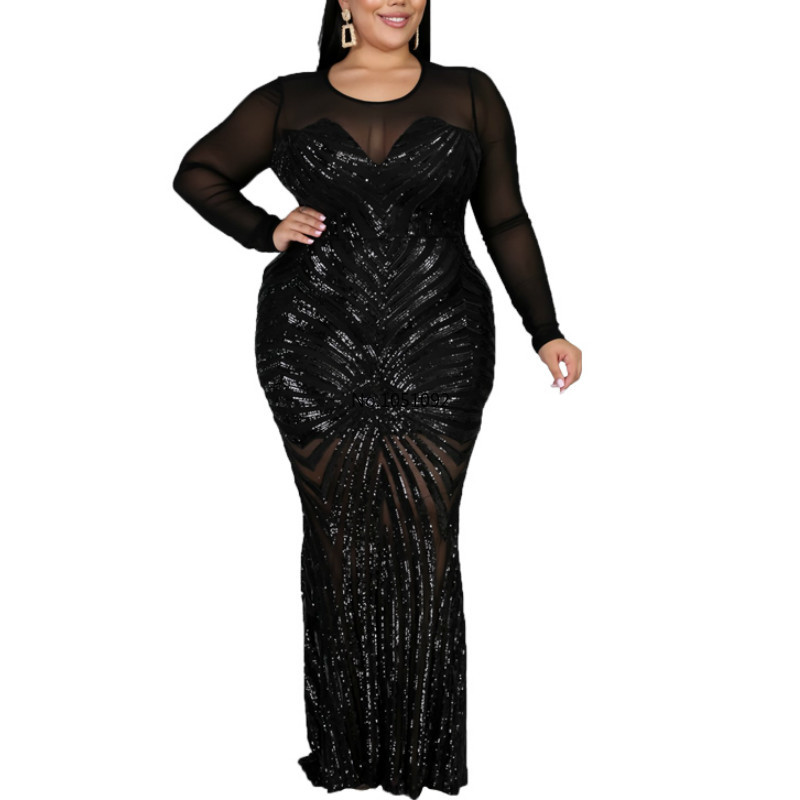 

New Winter Autumn Women O-Neck Full Sleeve Solid Sequined Long Dress Sexy Mesh Evening Party Dresses Plus Size -5XL YF1085, Black