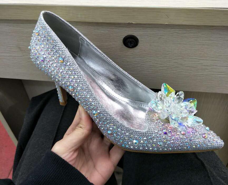 

Hot Sale-xy women shoes High heels Fine with pointed pumps Cinderella crystal luxury shoes free shipping US size : 4-9, Silver 9.5cm high heels