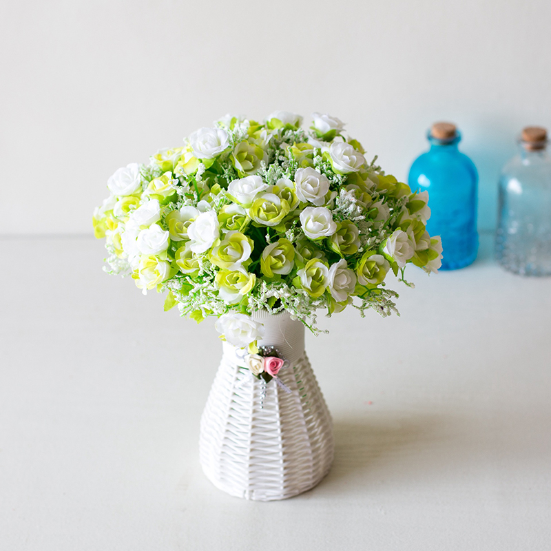 

21 Head Artificial Plastic Rose Flower Bridal Bouquet Wedding Decoration Fake 7 Fork Mini Rose Silk Flower Romantic Home Decor, Yellow