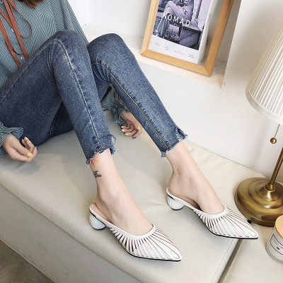 

2020 summer fashion wild hollow thick heel shoes women's middle heel thin stripe two wear slippers women's shoes, Black