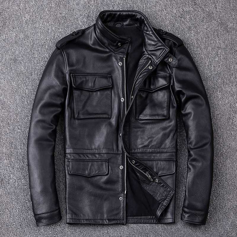

Men Genuine Hunting Long M65 Cowskin Stand Collar Motorcycle Jacket Multi-pocket Biker Leather Coat, Black