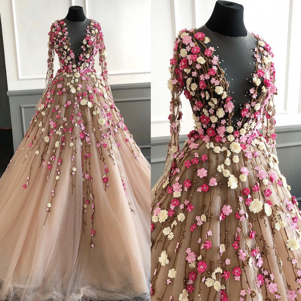 

Attractive Ball Gown Beaded Prom Dresses Sheer Jewel Neck 3D Flowers Appliqued Evening Gowns Tulle Floor Length Long Sleeves Formal Dress, Blue
